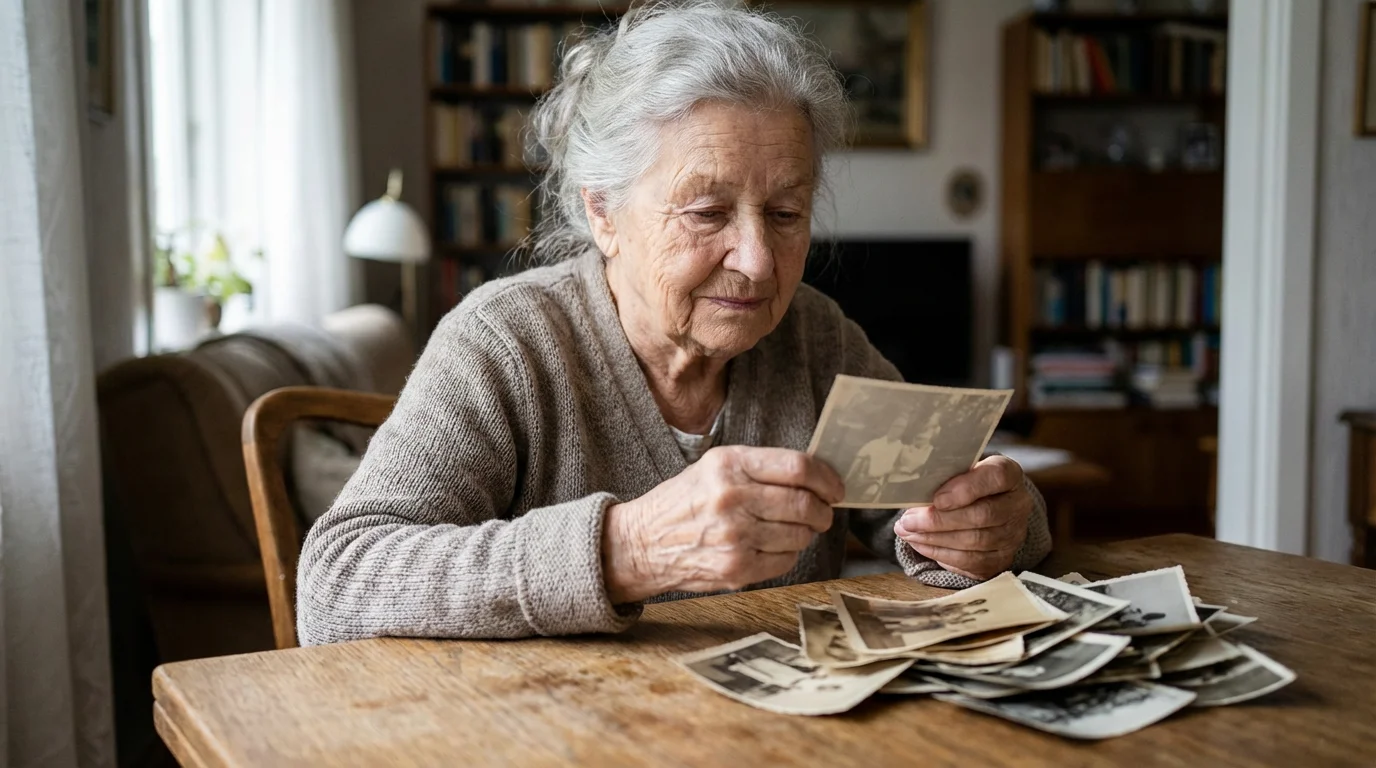 An elderly woman sits at a table looking thoughtfully at old, unlabeled family photographs.