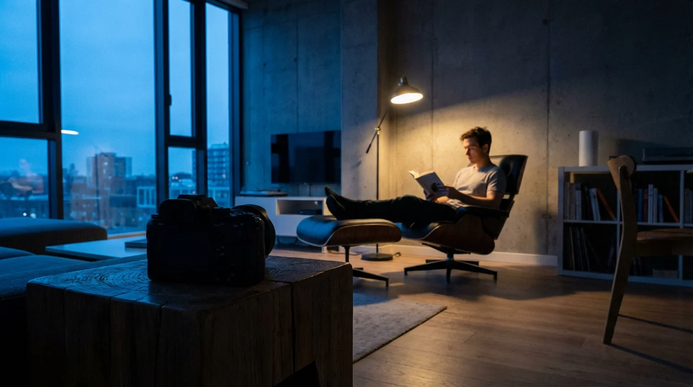 An eye-level photograph of a person reading in a dimly lit living room at dusk.