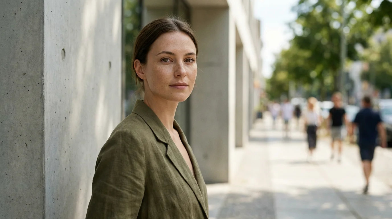 An eye-level portrait of a woman standing in soft, open shade from a building.