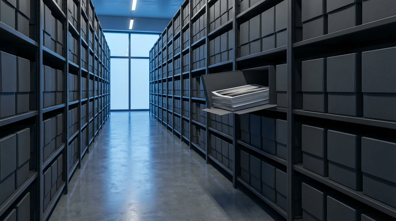 An eye-level view of a highly organized, modern photo archive with shelves of boxes.