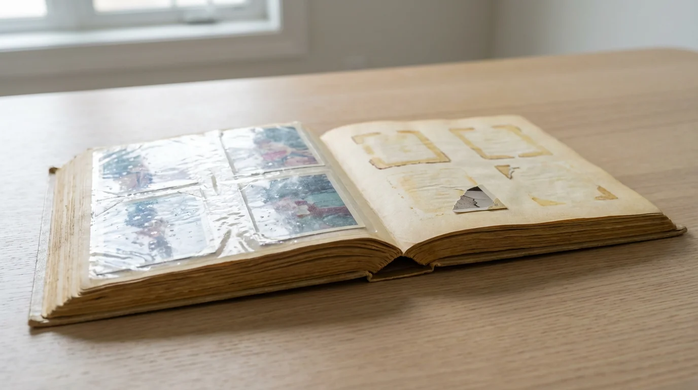An old, damaging photo album with yellowed pages and photos stuck under plastic sheeting.