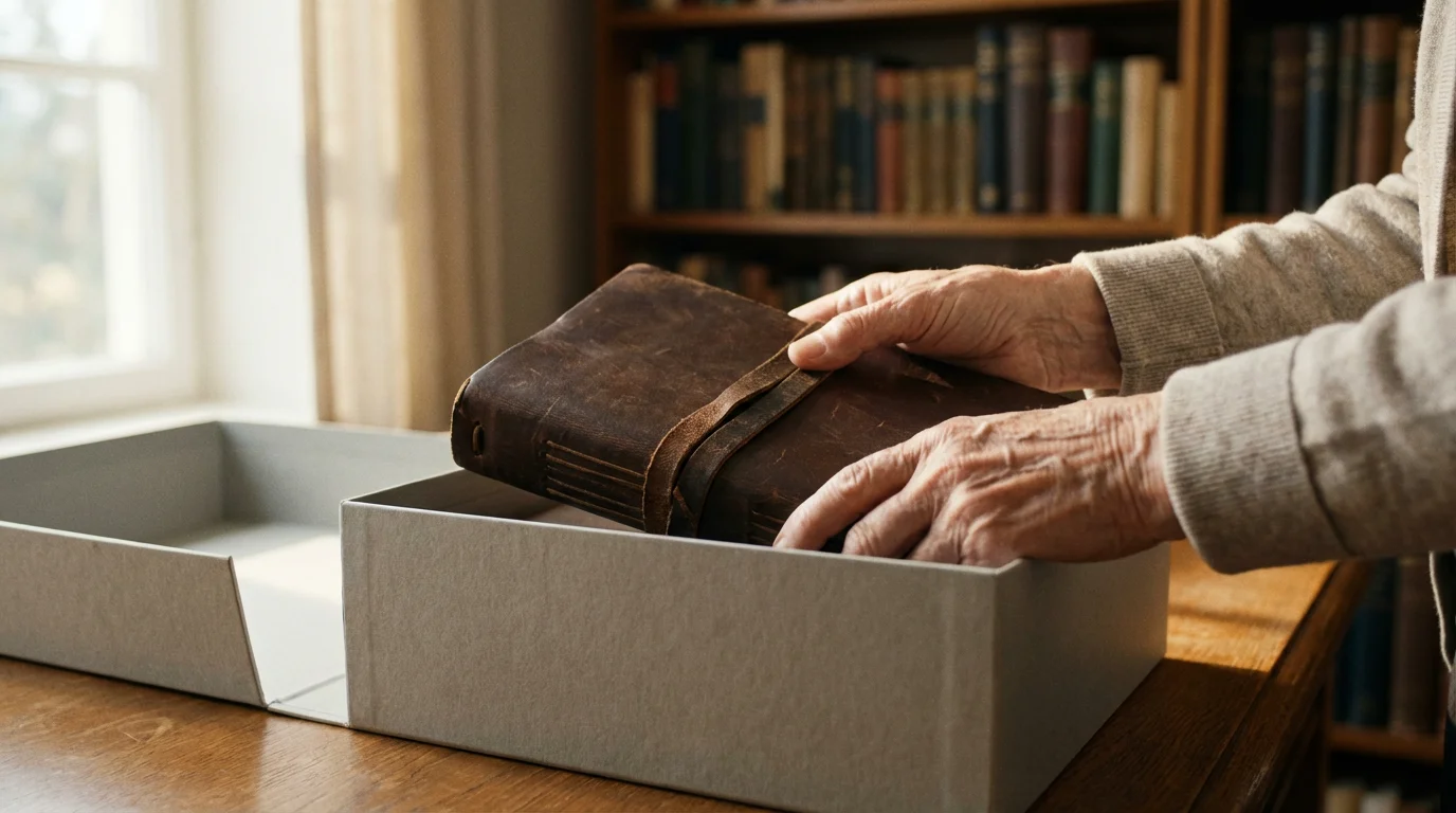 An older person's hands placing a leather travel photo journal into an archival box.