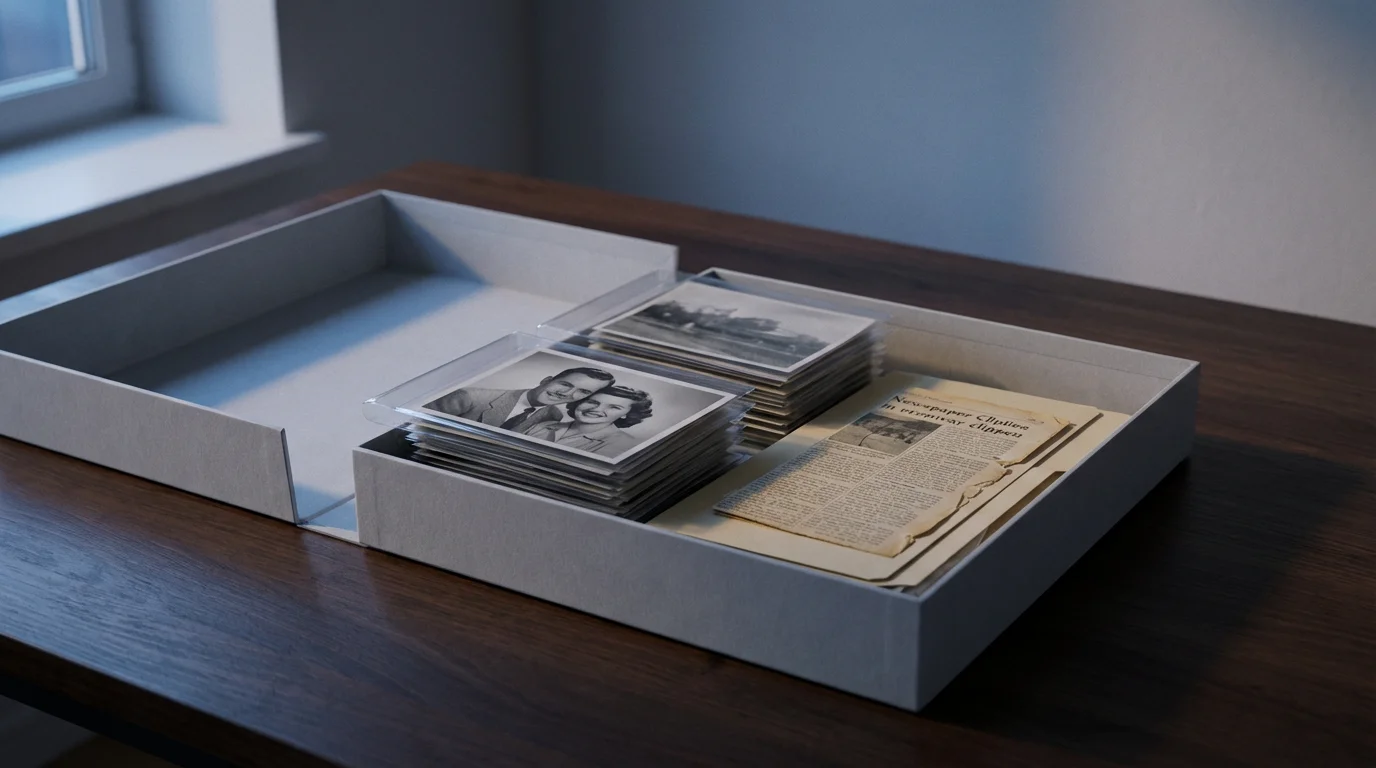 An open archival box with vintage photos and newspaper clippings on a modern desk.