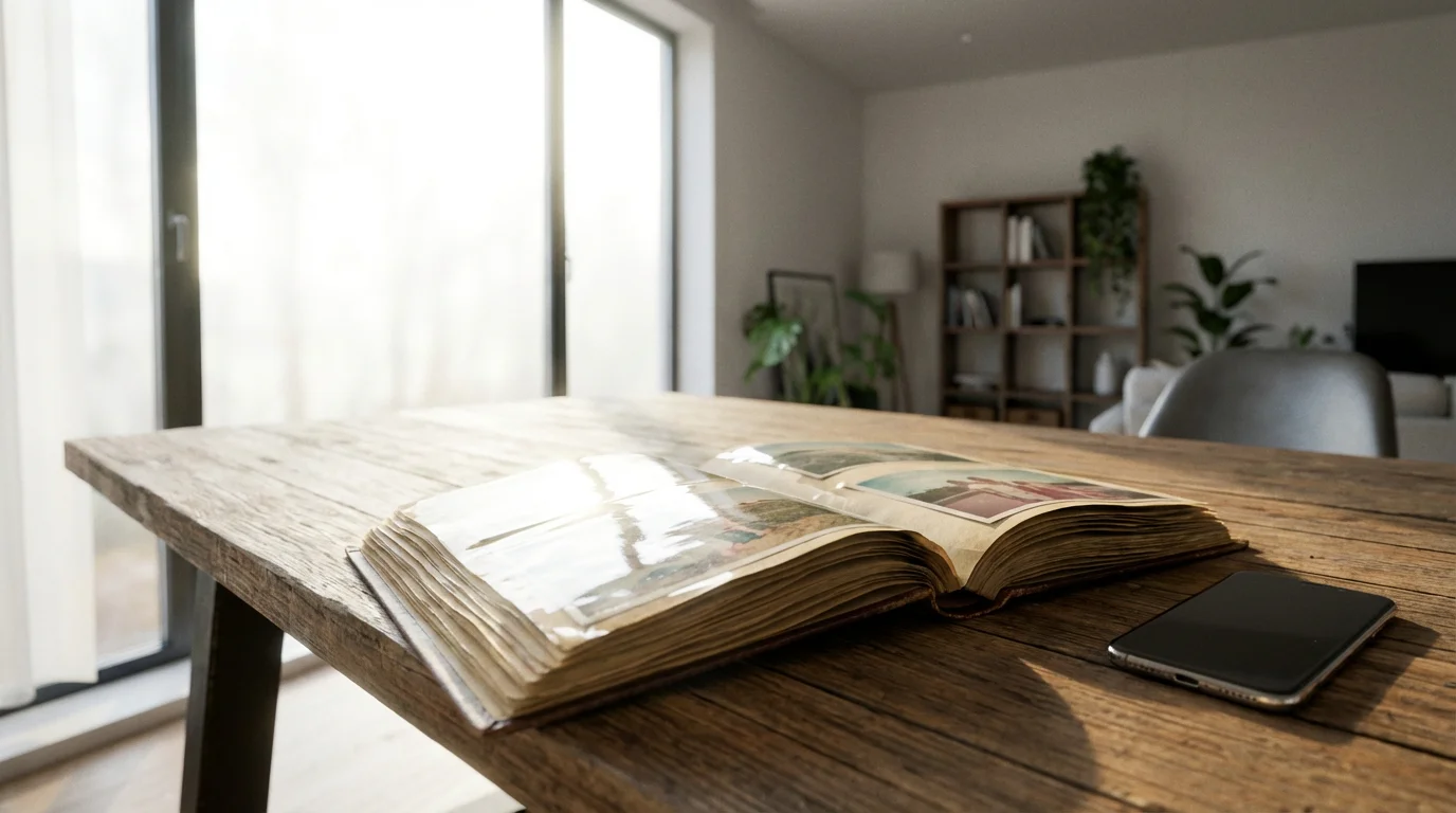 An open photo album on a desk with glare from a window, illustrating scanning challenges.