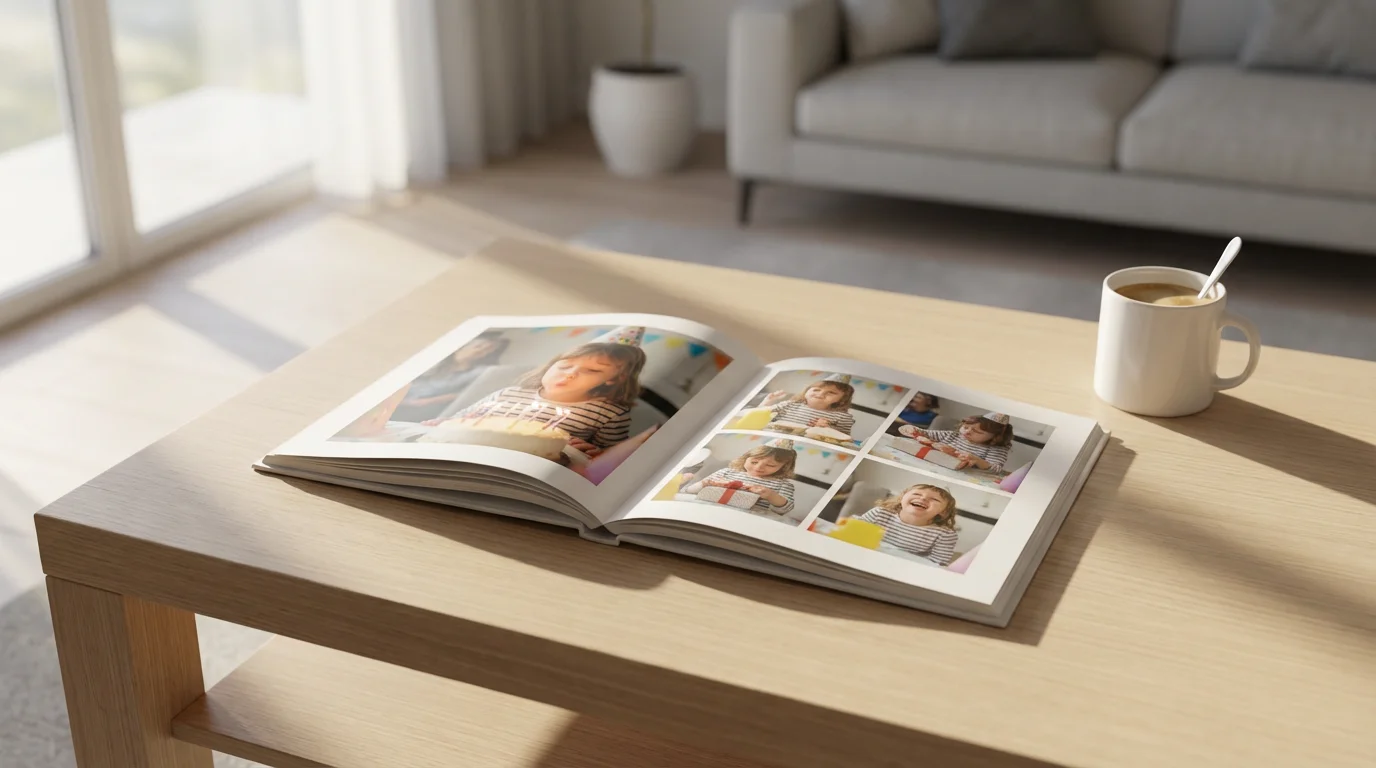 An open photo book on a coffee table displaying photos from a birthday party event.