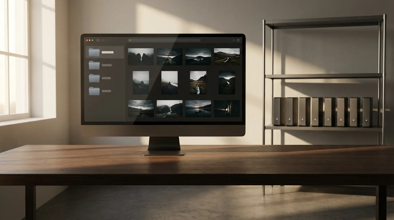 An organized desk with a monitor showing a photo library and a shelf of hard drives.