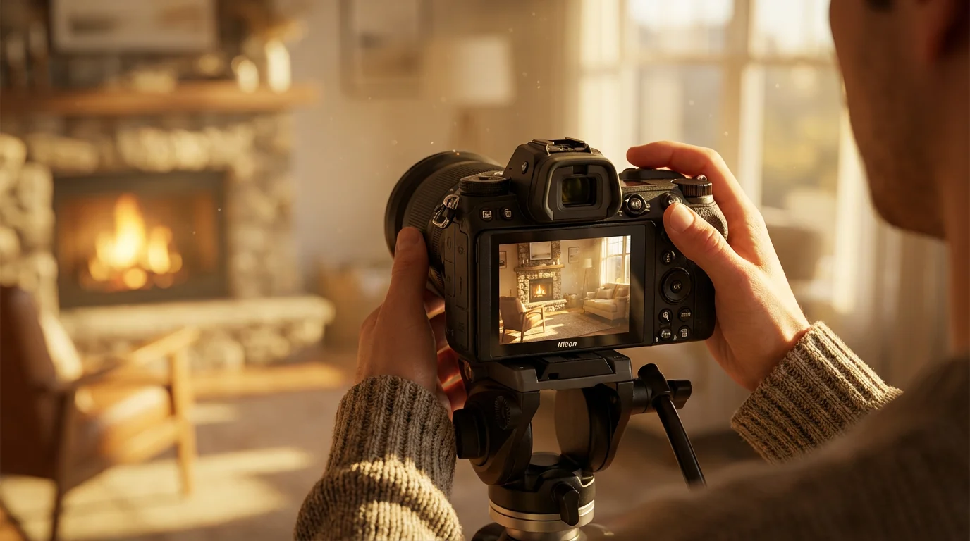 An over-the-shoulder view of a person adjusting camera settings for an indoor photo.