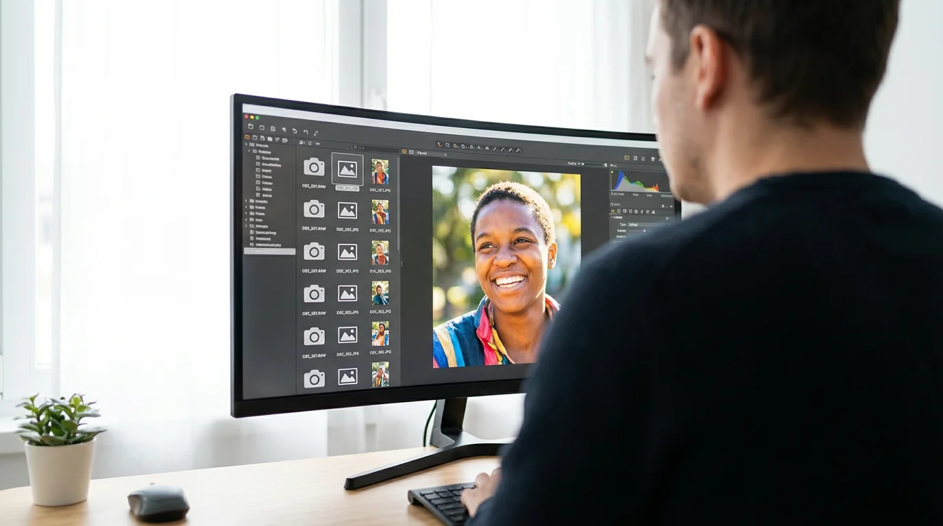 An over-the-shoulder view of a person at a desk viewing RAW and JPEG files on a computer.