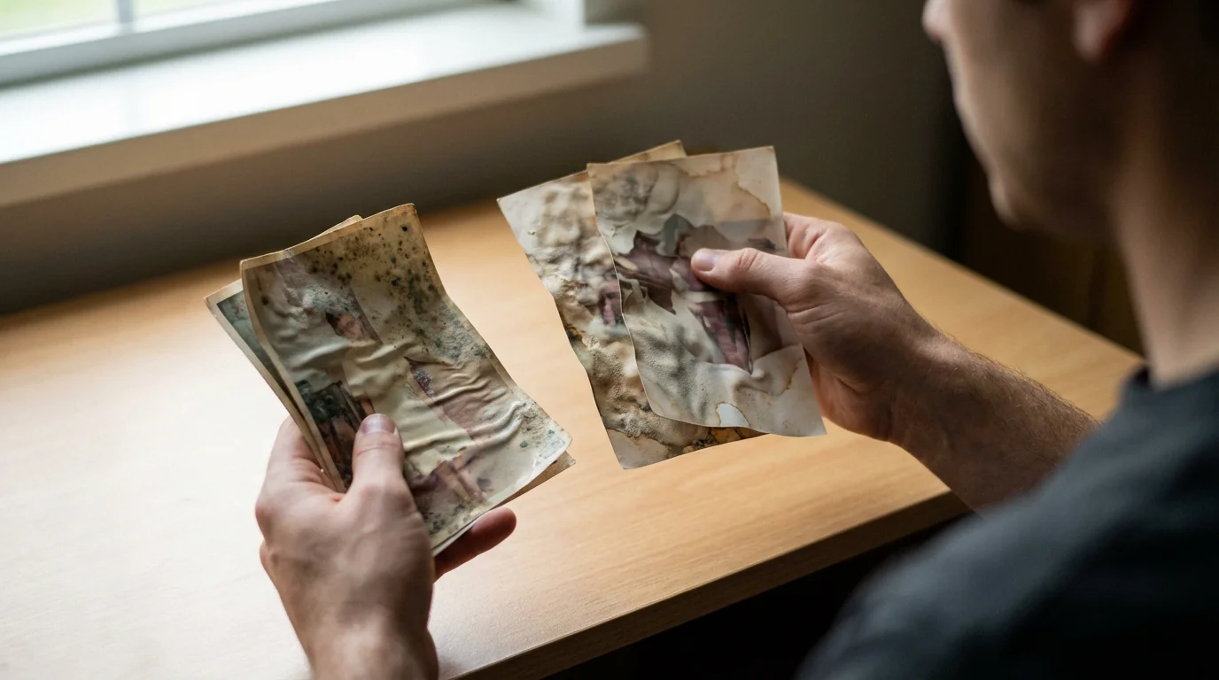 An over-the-shoulder view of hands holding old family photos warped and damaged by humidity.