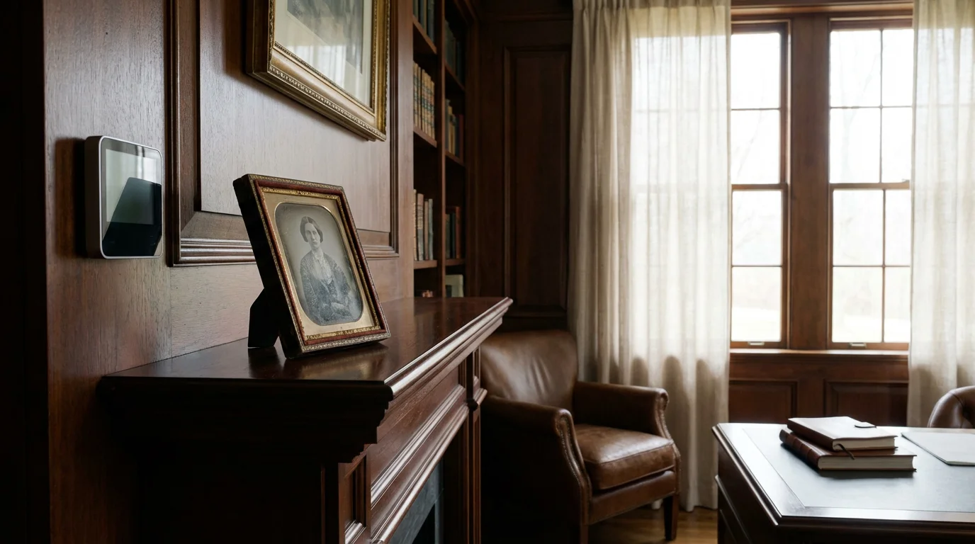 Antique photograph on a mantle in a climate-controlled room with a thermo-hygrometer.