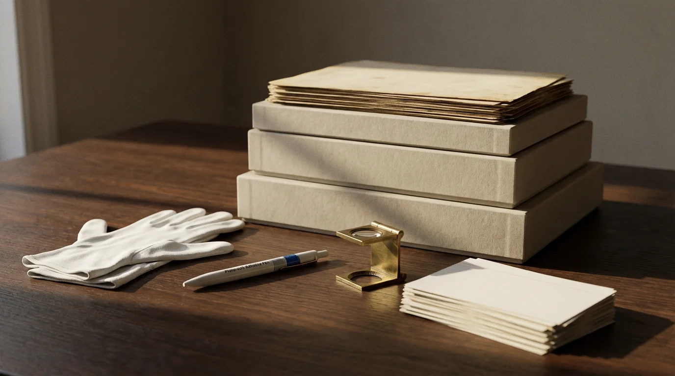 Archival supplies for photo organization on a wood table with long afternoon shadows.