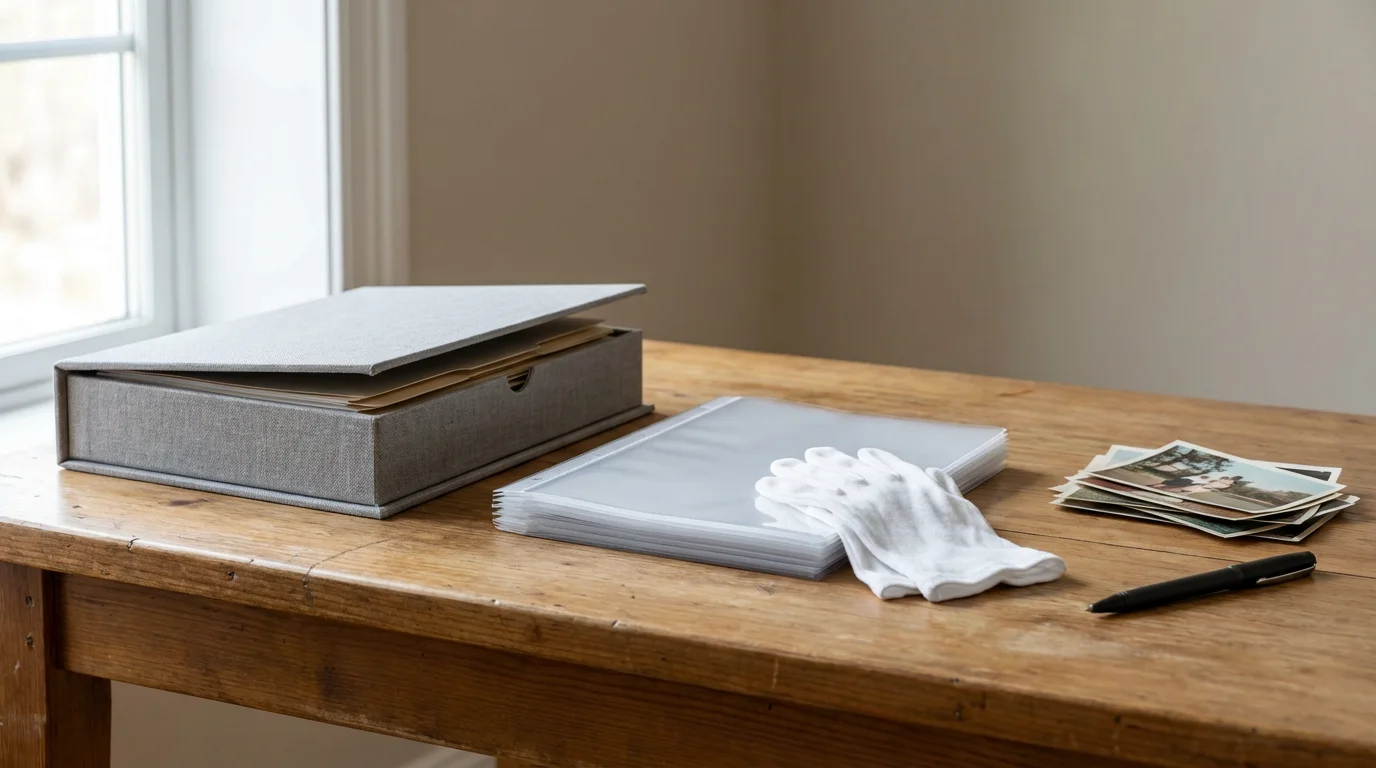 Archival supplies for photo preservation, including sleeves, a box, and cotton gloves on a table.