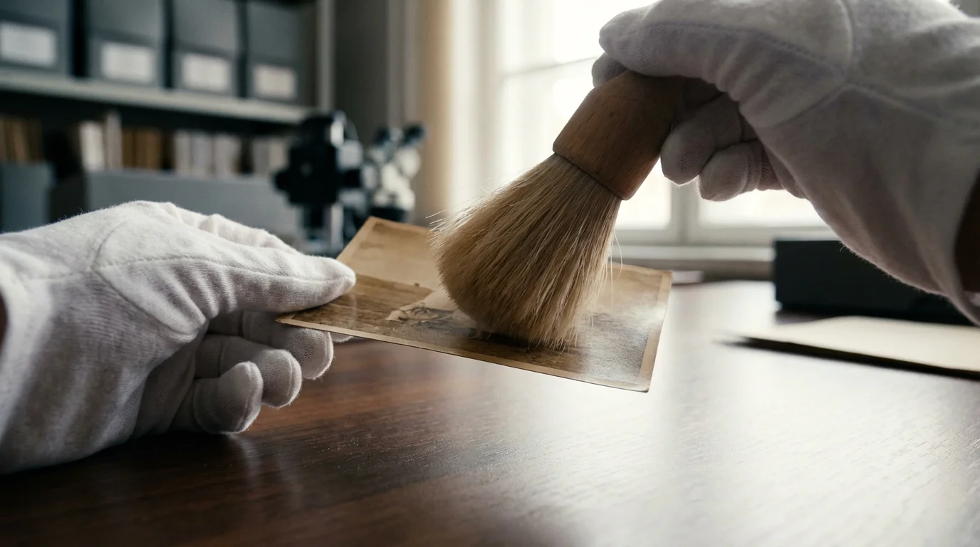 Archivist in white gloves carefully cleans a vintage photograph with a soft brush on a desk.