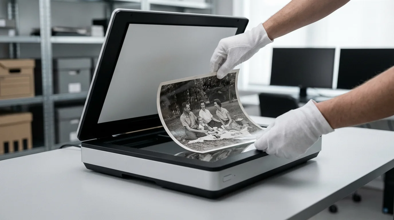 Archivist's gloved hands placing a vintage black-and-white photo onto a professional flatbed scanner.