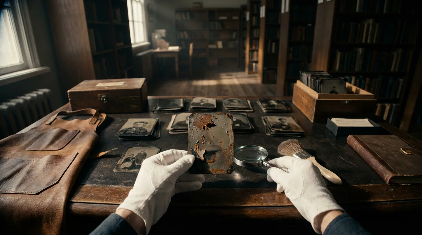 Archivist's hands in gloves carefully examining antique tintype photos on a wooden work desk.