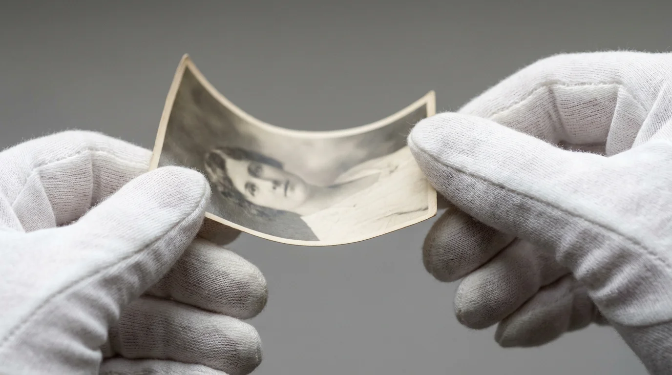 Archivist's hands in white gloves carefully holding a fragile vintage black and white photograph.