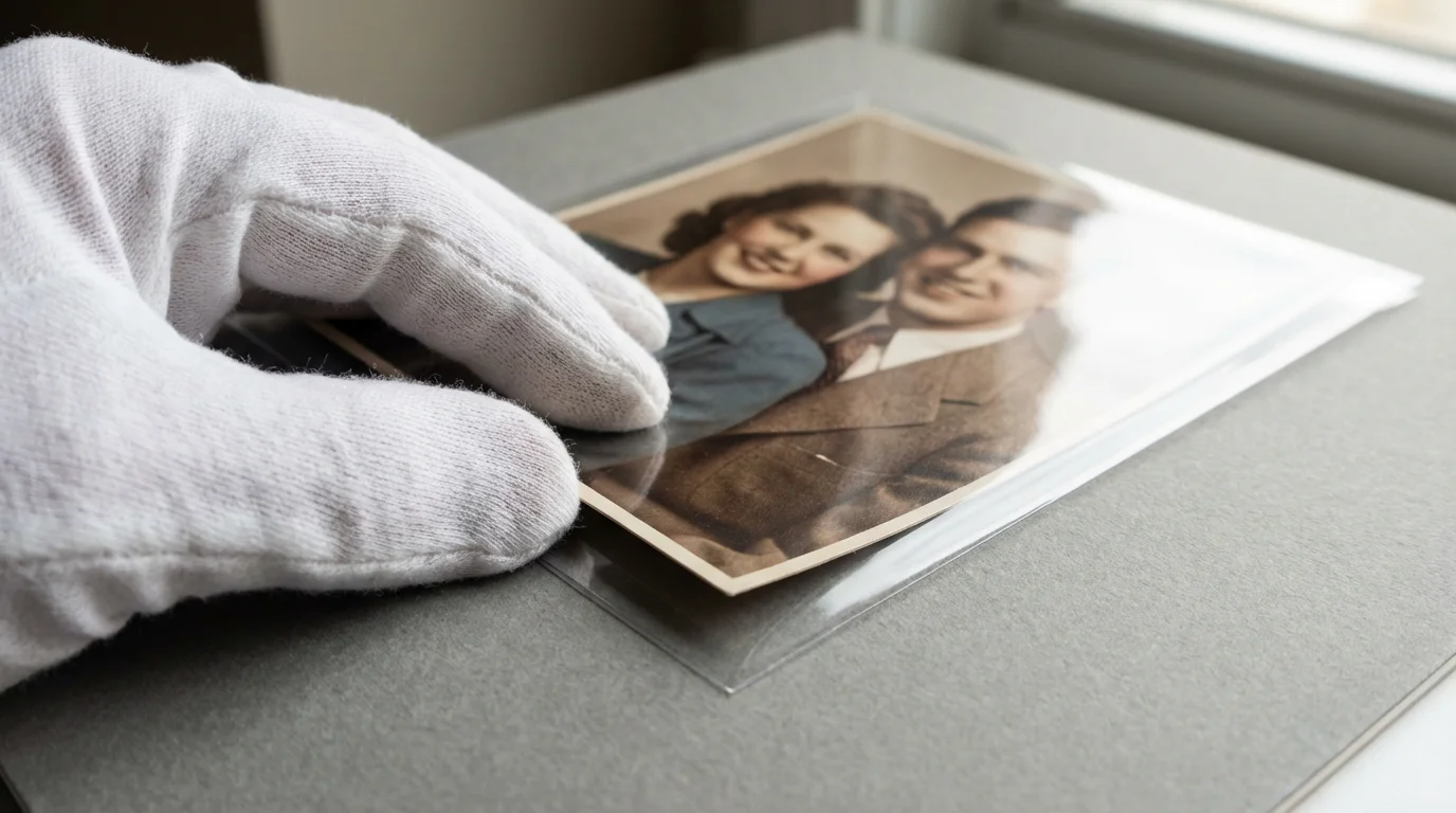 Archivist's hands in white gloves carefully preserving a newly colorized vintage family photograph.