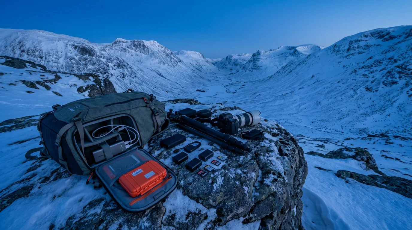 Camera batteries and memory cards arranged on a rock in a snowy mountain landscape.