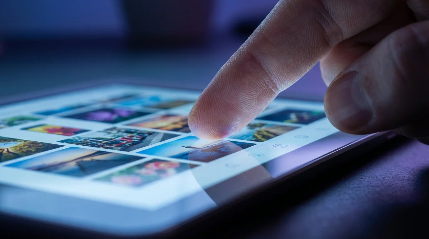 Close-up macro of a finger selecting a photo on a glowing tablet screen at dusk.