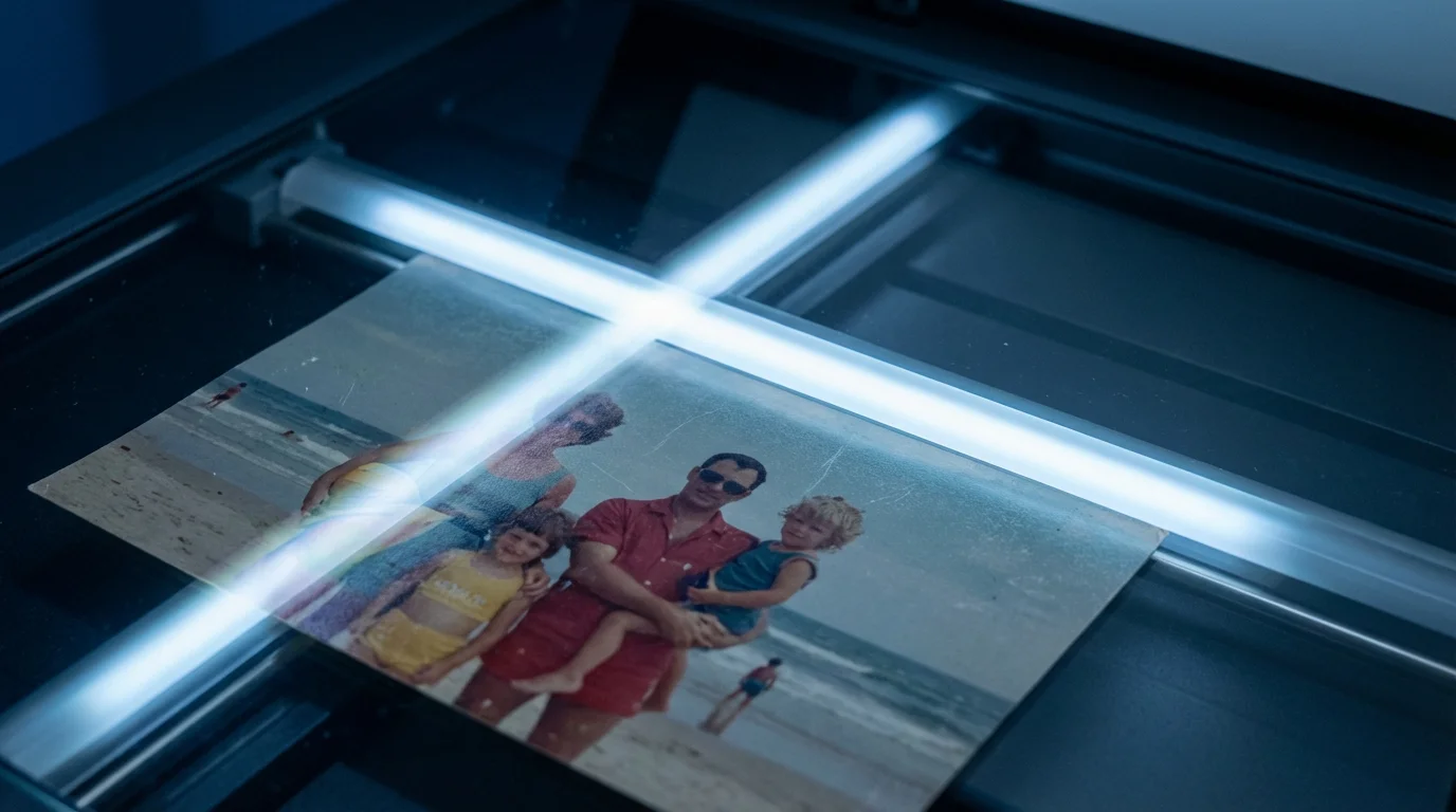 Close-up macro of a vintage photograph being digitized on a flatbed scanner.