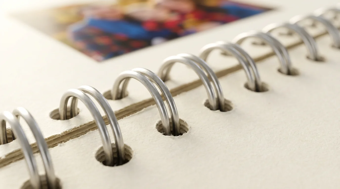 Close-up macro photo of a calendar's durable metal spiral binding and thick archival paper.
