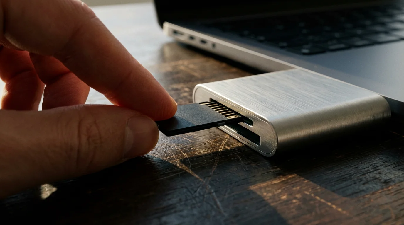 Close-up macro photo of a hand inserting an SD card into a card reader.