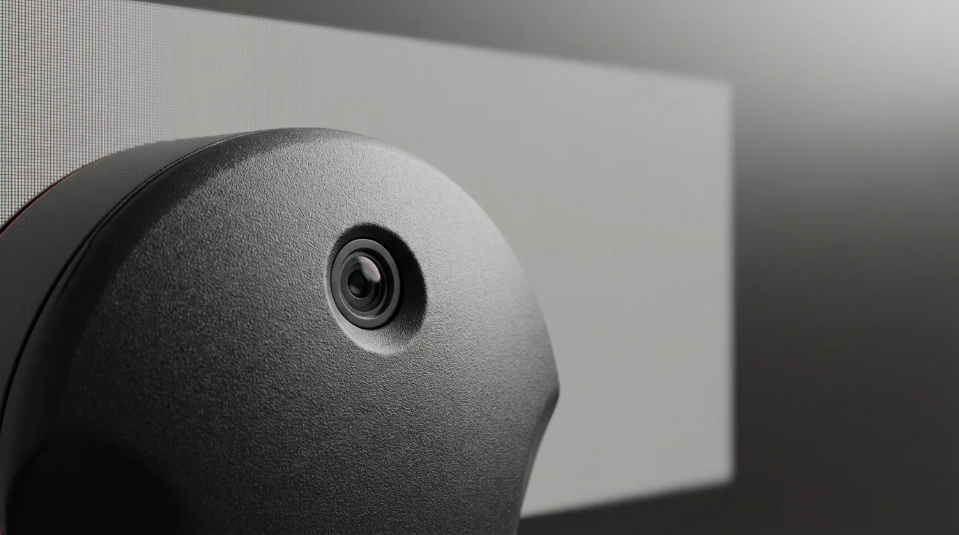 Close-up macro photo of a hardware color calibrator on a professional computer monitor screen.