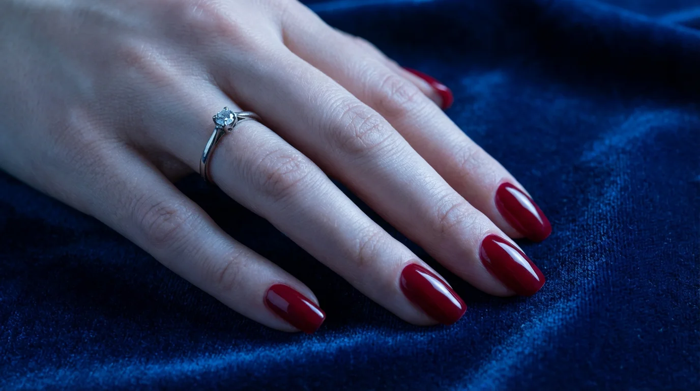 Close-up macro photo of a manicured hand with a diamond ring on velvet fabric.