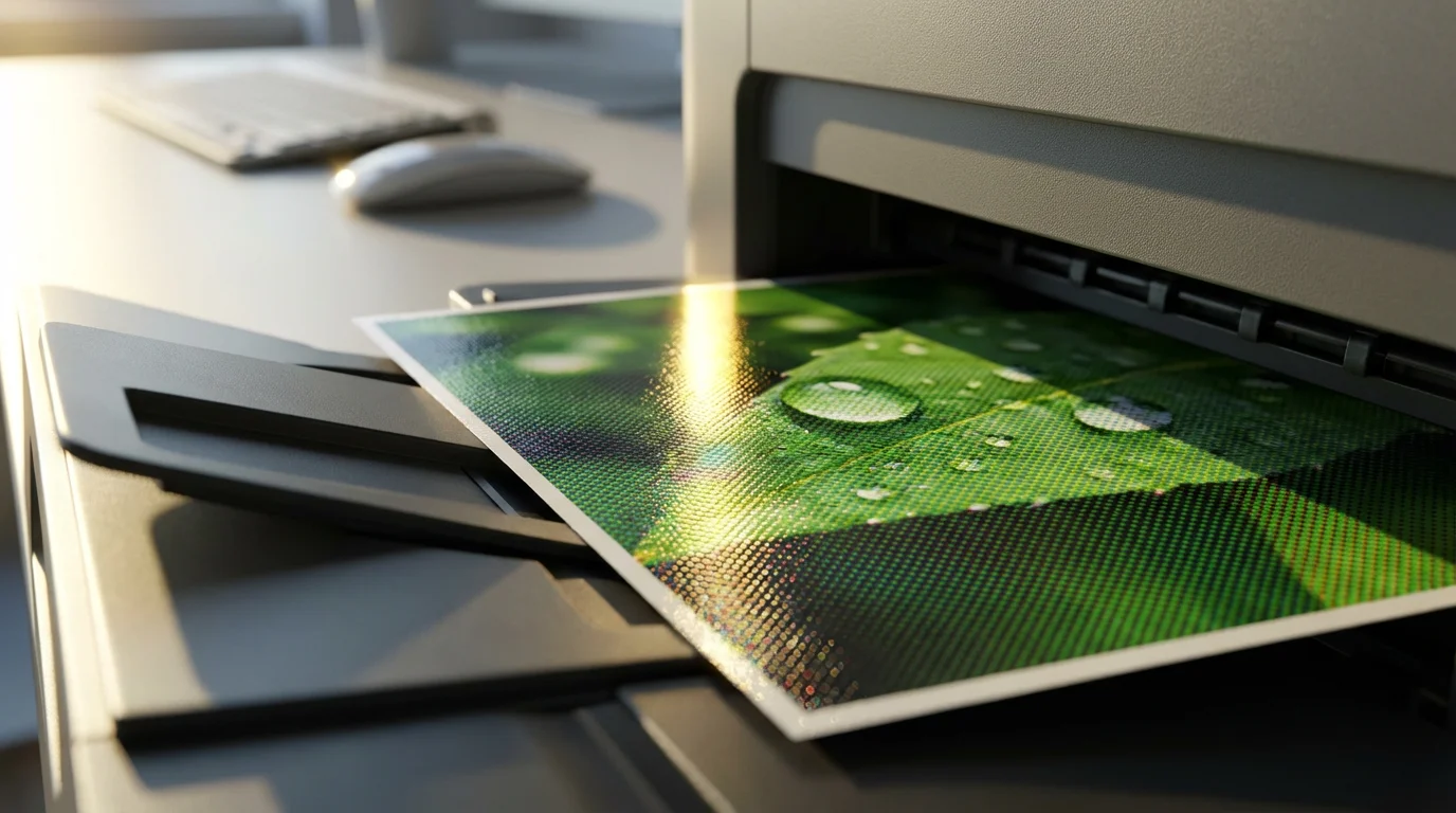 Close-up macro photo of a modern inkjet photograph emerging from a printer.