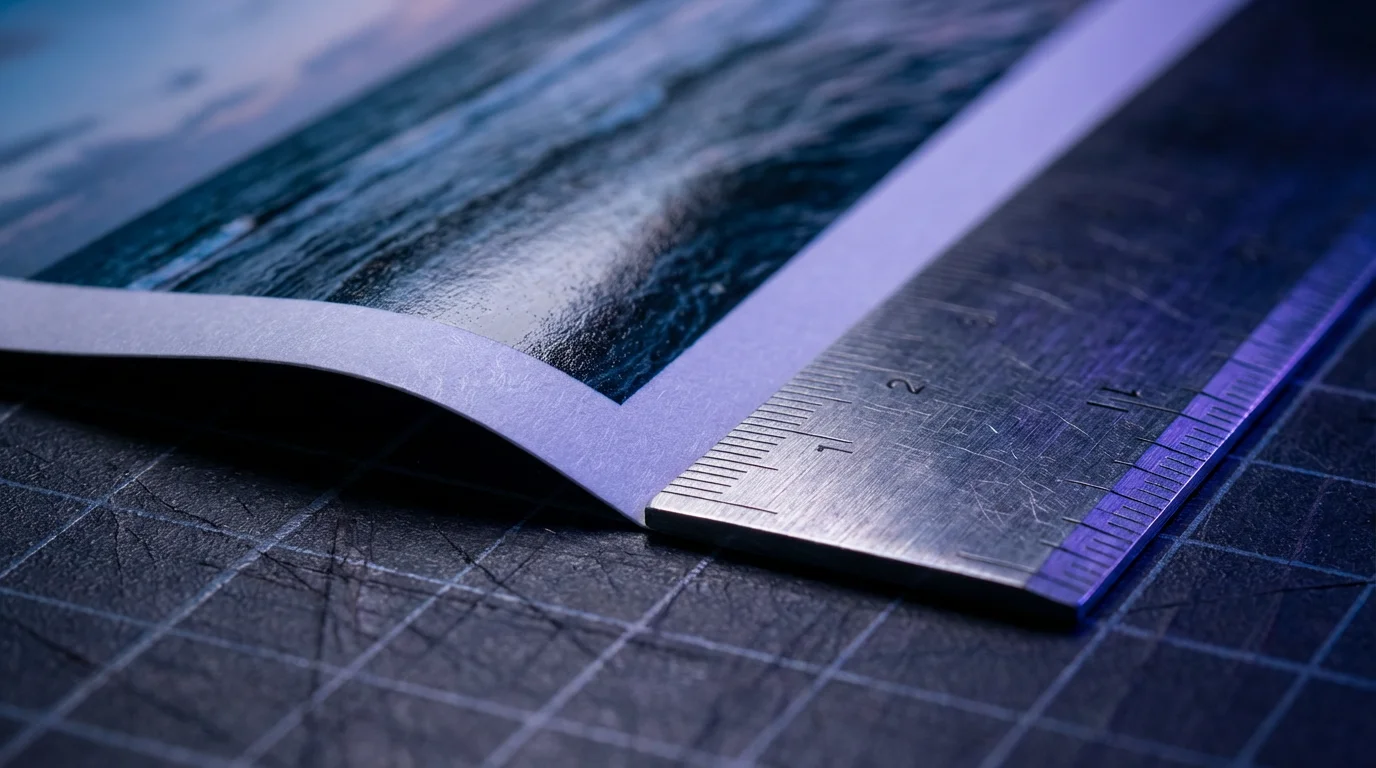 Close-up macro photo of a ruler aligned on a seascape print during blue hour.