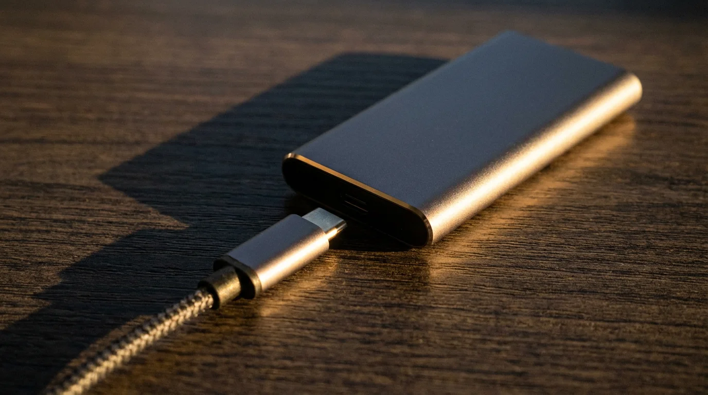 Close-up macro photo of a USB-C cable plugging into an external SSD drive.