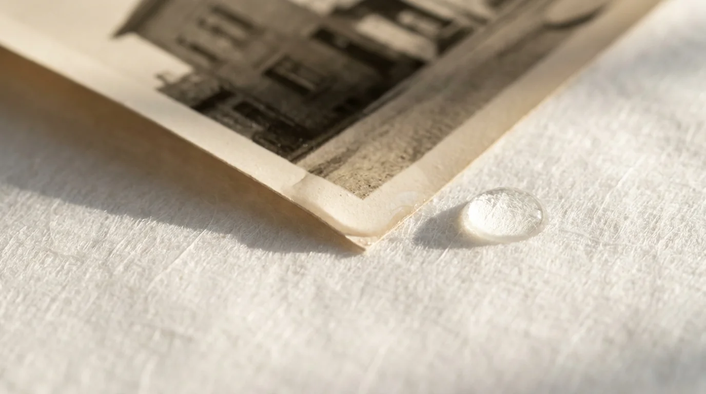 Close-up macro photo of a water-damaged photograph air drying on white blotting paper.