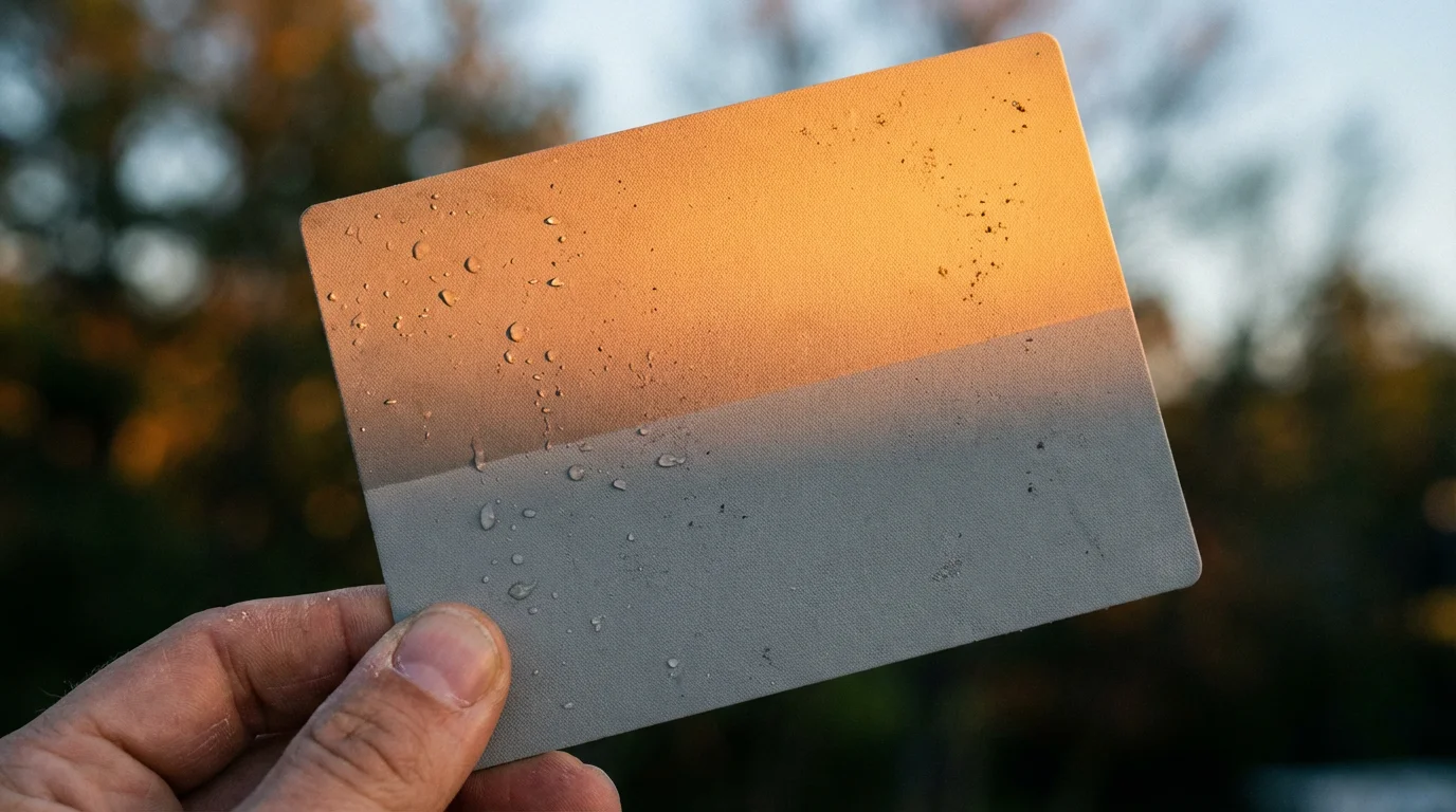 Close-up macro photo of a white balance gray card half-lit by warm golden light.