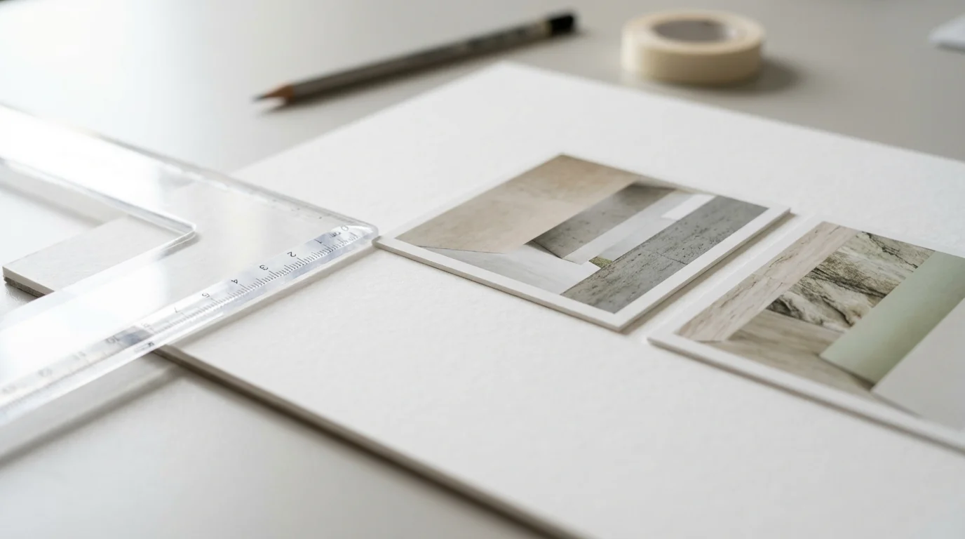Close-up macro photo of collage layout planning with a ruler and photo prints.