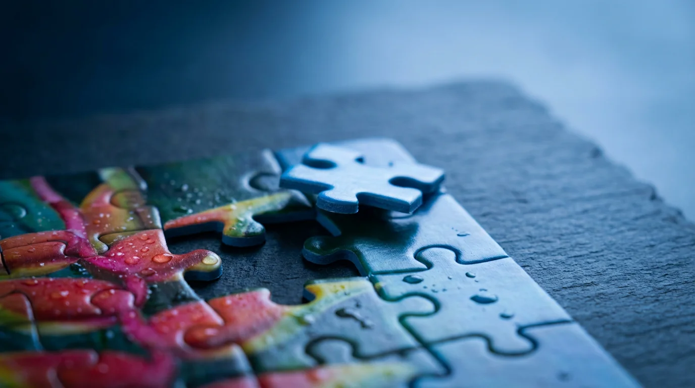 Close-up macro photo of custom jigsaw puzzle pieces on a dark table at twilight.