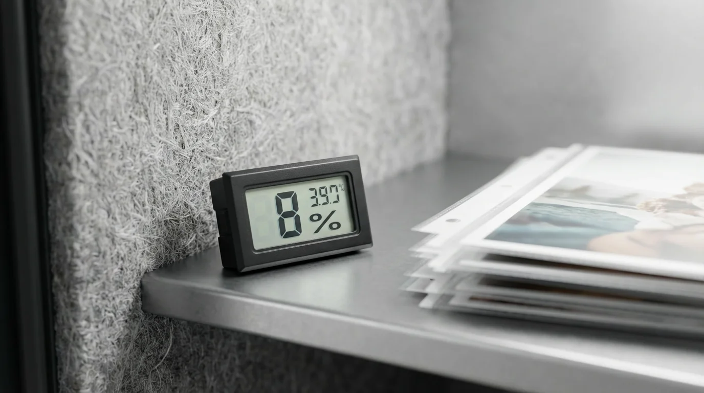 Close-up macro shot of a digital hygrometer measuring humidity for photos inside a fireproof safe.
