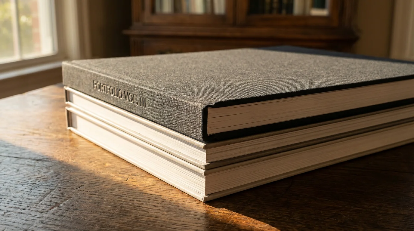 Close-up macro shot of a stack of hardcover photo books with dramatic afternoon shadows.