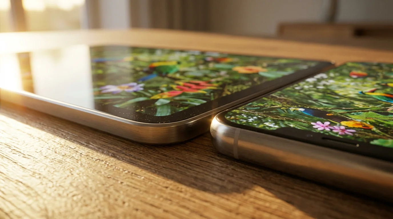 Close-up macro shot of a synced tablet and smartphone on a wooden desk.