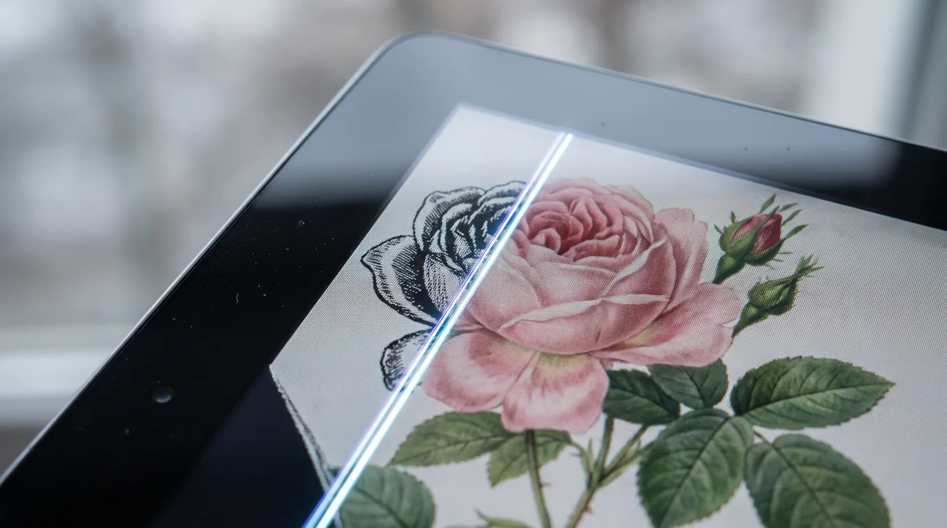 Close-up macro shot of a tablet screen showing an AI colorizing a black and white photo of a rose.