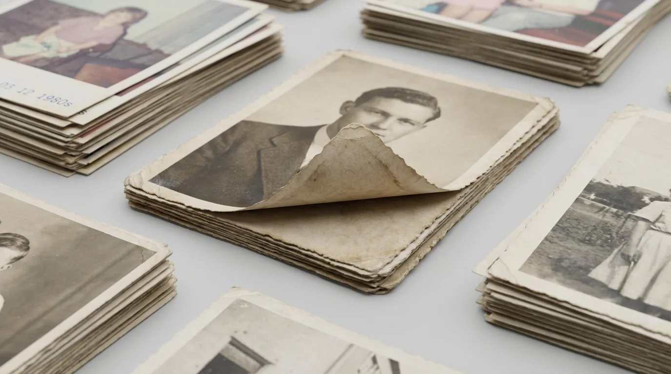 Close-up macro shot of neatly sorted stacks of old vintage photographs being organized.
