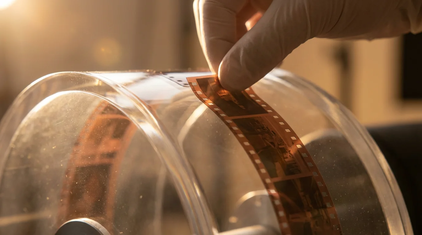 Close-up of a 35mm film negative on a professional drum scanner during golden hour.