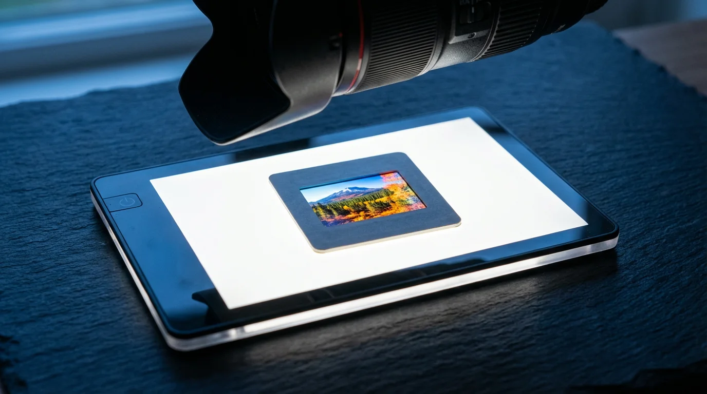 Close-up of a 35mm slide on a light pad being scanned by a DSLR.