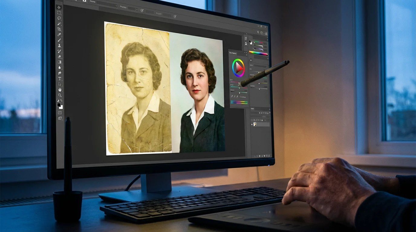 Close-up of a computer screen showing digital restoration of an old yellowed photograph.