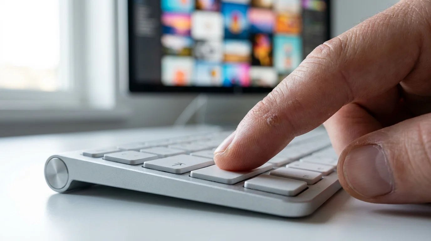 Close-up of a finger poised over the delete key on a minimalist keyboard.