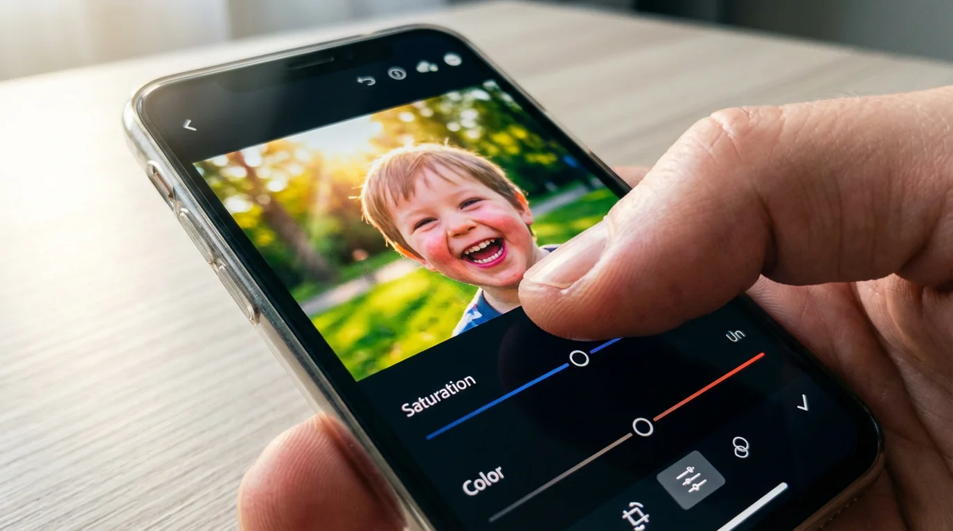 Close-up of a hand editing a family photo on a smartphone screen.