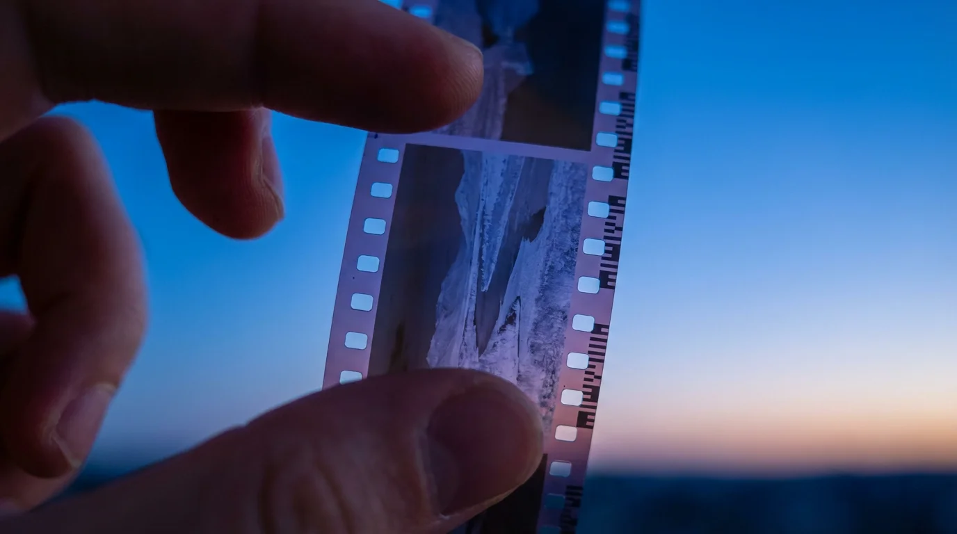 Close-up of a hand holding a 35mm photo negative strip against a twilight sky.