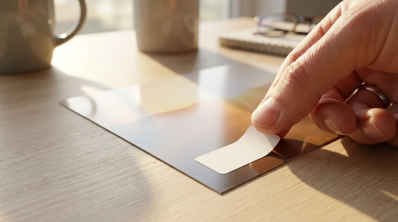 Close-up of a hand placing a blank white label on the back of a photograph.