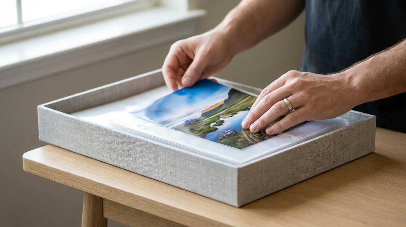 Close-up of a hand placing a photograph into a protective archival sleeve for organization.