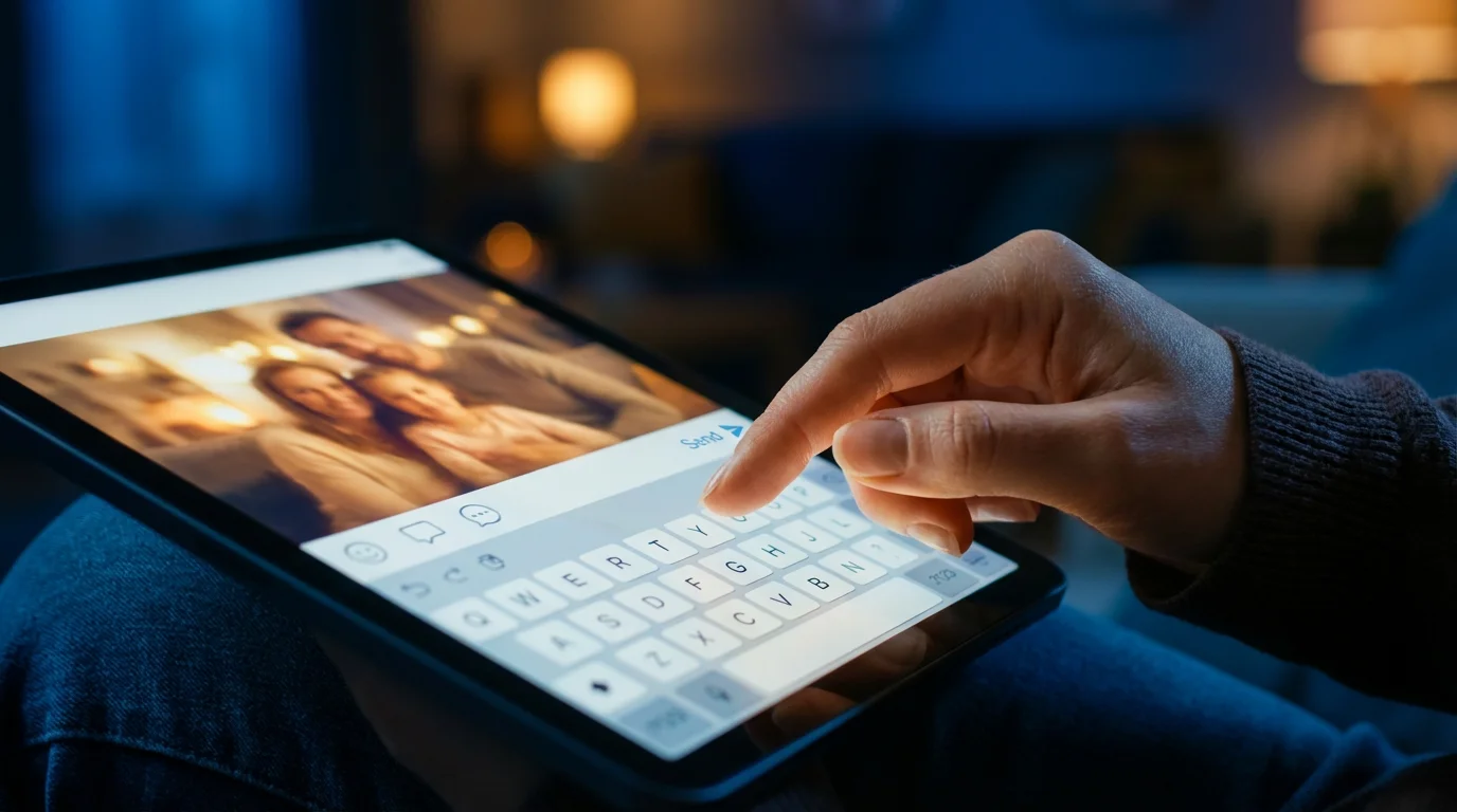 Close-up of a hand typing a comment on a shared family photo on a tablet.