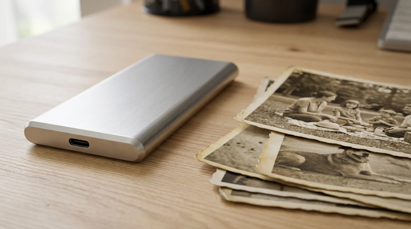 Close-up of a modern external solid-state drive next to a stack of vintage photographs.